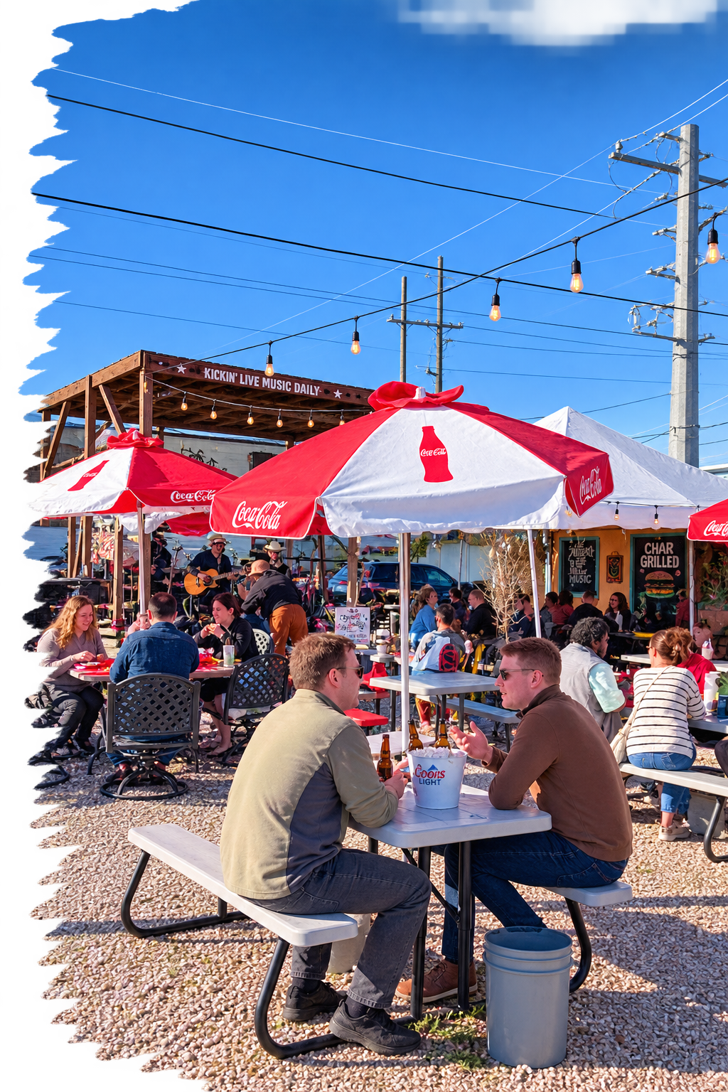 Guests enjoying outdoor dining and live music at Seither's Seafood